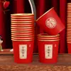 Copos de papel descartáveis espessos para casamentos, copos de celebração com folha de ouro, copos de água para banquetes de casamento, copos de chá vermelhos para casamento doméstico