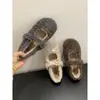 Zapatos Peludos de Mujer para Combinar con Faldas, para Uso en Exteriores, Invierno 2025, Dulces Franceses con Lazo, Zapatos Mary Jane Cálidos