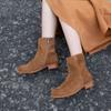 Botas Curtas de Couro Genuíno Khaki Huizu Mei para Mulheres 2025 Outono Novo Estilo Britânico Camurça de Vaca Bico Redondo Botas Femininas Atacado