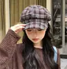 Chapéu Octogonal Xadrez Estilo Japonês para Outono e Inverno para Mulheres, Chapéu Nuvem Vintage para Afinar o Rosto, Boina Casual Versátil, Tendência
