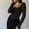 Ropa de mujer transfronteriza de Amazon 2023 otoño popular top de cuello en U onda de agua cintura delgada sexy camiseta de manga larga para mujer