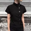 Camisa preta de manga curta com gola alta diagonal e botões diagonais, design europeu e americano novo, nicho, corte justo, elegante, adequada para o trabalho.