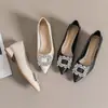 Zapatos de Tacón Alto Planos Franceses con Pedrería, Hebilla Cuadrada Suave, Dedo Puntiagudo, Negros, Profesionales, para Viajar, de Cuero para Mujer, Novedad Verano 2025