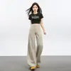 Calça Jeans Feminina Khaki de Cintura Alta em Tencel Wide-Leg Patchwork Estilo Americano Nova Solta Emagrecedora Reta Primavera/Verão 2026