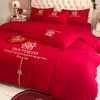 Nuevo Juego de Cuatro Piezas de Algodón Bordado Estilo Chino de Alta Gama para Boda, Sábana Roja Brillante, Funda de Edredón de Algodón Puro, Ropa de Cama para Boda