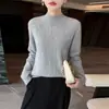 Suéter casual de punto trenzado 100% lana con cuello semi-alto para mujer, top de punto grueso de lana pura holgado para otoño e invierno