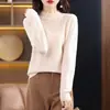 Suéter Base Meia-Gola de Renda Tricotado 100% Lã Estilo Coreano Simples Xadrez Solto Afinando Vazado para Mulheres