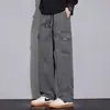 Calça juvenil versátil de perna reta, moderna, da moda, casual, para trabalho, estilo japonês retrô, cor sólida, multi-bolsos, design bordado