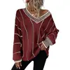 Sitio Web Independiente Transfronterizo Estilo Europeo y Americano Comercio Exterior Nueva Ropa para Mujer Suéter de Punto de Manga Larga a Rayas Top de Punto Casual Holgado con Cuello en V