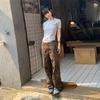 Calça Jeans Jovem Laranja# Café Marrom Leopardo Estampa Nicho Perna Larga Feminina Cintura Alta Solta Slimming Personalizada Moderna All-match Mop Calças