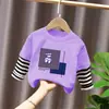 Camiseta de Manga Larga de Algodón Puro para Niños Niños Dibujos Animados Casual 2026 Primavera Otoño Nuevo Elegante Top Falso de Dos Piezas para Bebés Niños