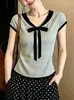 Suéter de Punto con Bloques de Color Estilo Universitario, Cuello en V y Lazo para Mujer, Nuevo Diseño de Verano, Top Casual Único y Versátil