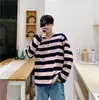 Camiseta de Manga Larga a Rayas Blancas y Negras Sudadera de Cuello Redondo para Hombre Camiseta Superior de Capa Base Holgada para Hombre y Mujer Marca Trbottomy Simple
