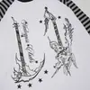 Camiseta de manga larga de retazos a rayas para hombre, estilo europeo y americano, casual para primavera y otoño, paleta de colores oscuros, con estampado de guadaña de la Parca