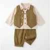 Conjunto de Outono Estilo Old Money para Meninos, Camisa Estilo Coreano, Colete Elegante de Bolinhas Conjunto de Três Peças, Roupa da Moda para Outono