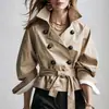2026 Gabardina corta cruzada color caqui transfronteriza con cinturón en la cintura y mangas de farol, abrigo de mujer para el trabajo en primavera y otoño