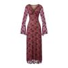 Vestido Sexy Elegante e Maduro com Decote em V Profundo, Manga Sino e Saia Longa para Mulheres, Outono, Renda e Malha Costuradas, Bodycon