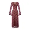 Vestido Sexy Elegante e Maduro com Decote em V Profundo, Manga Sino e Saia Longa para Mulheres, Outono, Renda e Malha Costuradas, Bodycon