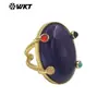 Wt-R585 Anillo Abierto Geométrico Retro Británico con Patrón Ovalado, Piedra Natural Colorida, Chapado en Oro de 18 Quilates para Hombres y Mujeres