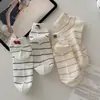 Calcetines Cortos Rayados para Mujer Verano Finos Transpirables de Algodón Lindos Bordado de Dibujos Animados Gato Caña Corta Femeninos Calcetines Tipo Barco Versátiles
