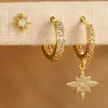 Conjunto de Brincos de Zircônia Três Peças de Luxo para Mulheres, Brincos de Tarraxa Geométricos Dourados e Argolas, Joias da Moda para o Dia a Dia