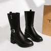 Botas de outono e inverno femininas novas botas de cano médio salto grosso veludo fino sapatos de couro sapatos para mulheres de meia-idade botas de meio cano forradas de fleece sapatos para mães sapatos de algodão