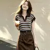 Linda blusa de tricô fino de verão, manga curta, decote V, listrada, com pequenas mangas bufantes, estilo francês elegante e emagrecedor para mulheres, estilo europeu e americano