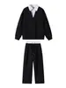 Conjunto de Duas Peças Masculino Ootd Primavera e Outono Estilo Coreano Moletom Tendência Conjunto Completo Falso Duas Peças Polo Casal Preto e Cinza Mesclado