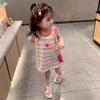 Vestido de Verão para Meninas Bebê Online Vermelho Estilo Estrangeiro Personalidade Infantil Moderno Desenho Animado Listrado Combinação de Cores Vestido Princesa