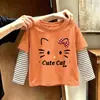 Blusa listrada de algodão puro para meninas, um novo estilo primavera/outono, disponível nos tamanhos médio e grande, camiseta de manga comprida para crianças, camiseta de bebê da moda