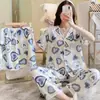 Comércio Exterior Atacado Pijamas para Mulheres Verão Novo Conjunto de Três Peças Manga Curta Shorts Calça Doce Estilo Ins Fofo Roupas para Casa
