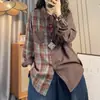 Versão original não encolhe! Camisa xadrez de manga comprida estilo Hong Kong 100% algodão com gola, solta, casual, feminina, retalhos