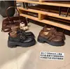 Versão em Couro de Vaca, Aumento de Altura 6cm, Couro de Cavalo Lavado, Fivela Pequena Dourada, Salto Grosso, Mocassins de Solado Grosso, Sapatos de Couro Femininos para Primavera e Outono