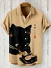 Moda de Verano Tallas Grandes Ropa Juvenil para Hombre Camisa de Manga Corta Cárdigan de Lino Solapa Gato Divertido Estampado de Pintura a Tinta