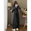 Novo Conjunto de Tricô Cinza Escuro 2025 para Mulheres, Conjunto de Duas Peças Elegante e Emagrecedor com Top de Gola V e Calça de Pernas Largas para Outono e Inverno