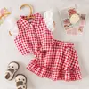 Amazon Conjunto de Dos Piezas para Bebé Niña de 0 a 3 Años Verano Rojo y Blanco Cuadros Encaje Mangas Volantes Top + Falda con Volantes
