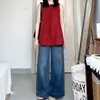 Elegante top rojo sin mangas de estilo francés para mujer, con cuello redondo y pliegues, corte holgado, adelgazante, casual, simple y versátil para el verano