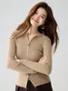Suéter feminino de caxemira para outono e inverno, cor sólida, com zíper, com capuz, canelado, corte justo, malha de base, lã quente para mulheres