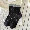 Calcetines de algodón puro para mujer con lazos, estilo ballet coreano, ribete de encaje, longitud hasta la mitad de la pantorrilla, puño de doble canalé, lindos y versátiles, calcetines sin costuras para mujer