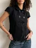 Camisa Curta de Manga Curta com Botões Duplos Estilo Retrô Americano para Mulheres, Top Preto Curto com Bolsos para Afinar a Cintura, para Meninas Modernas