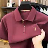 Camiseta Masculina de Manga Curta 100% Algodão Puro, Casual de Negócios, Fina, Respirável, Moderna, Bordada, Camiseta Masculina de Manga Curta com Gola