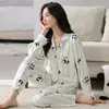 Conjunto de pijama de algodón de manga larga y pantalón largo para mujer, con cuello camisero y estilo cárdigan, talla grande, adecuado para primavera y otoño, conjunto de ropa de casa dulce y lindo