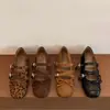 Sapatos de Salto Alto Únicos Estilo Coreano Estampa de Leopardo Nicho com Tira Cruzada Bico Quadrado Sapatos Mary Jane para Mulheres, Sapatilhas Baixas Planas para Mulheres