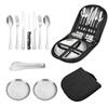 Vajilla de acero inoxidable de Amazon para viajes al aire libre, camping, picnic, barbacoa, plato con cuchillo, tenedor y cuchara, bolsa de almacenamiento portátil.