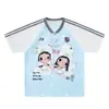 Camiseta de manga raglán corta con cuello en V, diseño de lunares de dibujos animados lindo, estilo americano de moda, marca, top ligero de verano estilo jersey de secado rápido para mujer