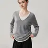 Nuevo suéter de cachemira de doble capa con bloques de color y cuello en V para otoño e invierno para mujer, camisa base holgada y versátil