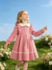 Vestido Rosa de Veludo Cotelê para Meninas - Outono e Inverno Novo - Retro - Manga Longa - Gola Peter Pan - Vestido Princesa - Vestido de Aniversário