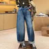 Calça jeans feminina de perna larga, corte curvo, nova coleção primavera/outono 2026, alta qualidade, retro, azul, casual, perna reta, longa