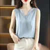 Camiseta, seda gelada, estilo transfronteiriço, tecido fluido, roupa íntima de verão, decote V profundo, sem mangas, decotada, regata de malha patchwork feminina