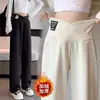 Pantalones de maternidad de pierna ancha con soporte para el vientre de cintura baja para principios del embarazo, pantalones largos de felpa forrada para otoño e invierno talla grande, pantalones casuales de maternidad para otoño
